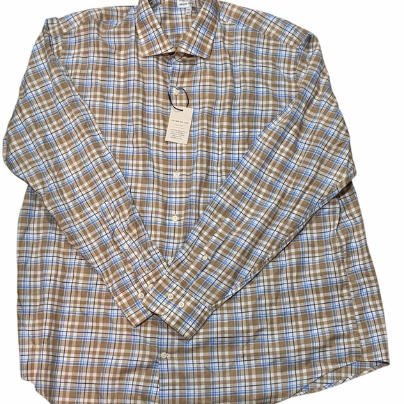 Peter Millar Summer Soft Plaid Shirt XXL – Brown & Blue Long Sleeve-NEW